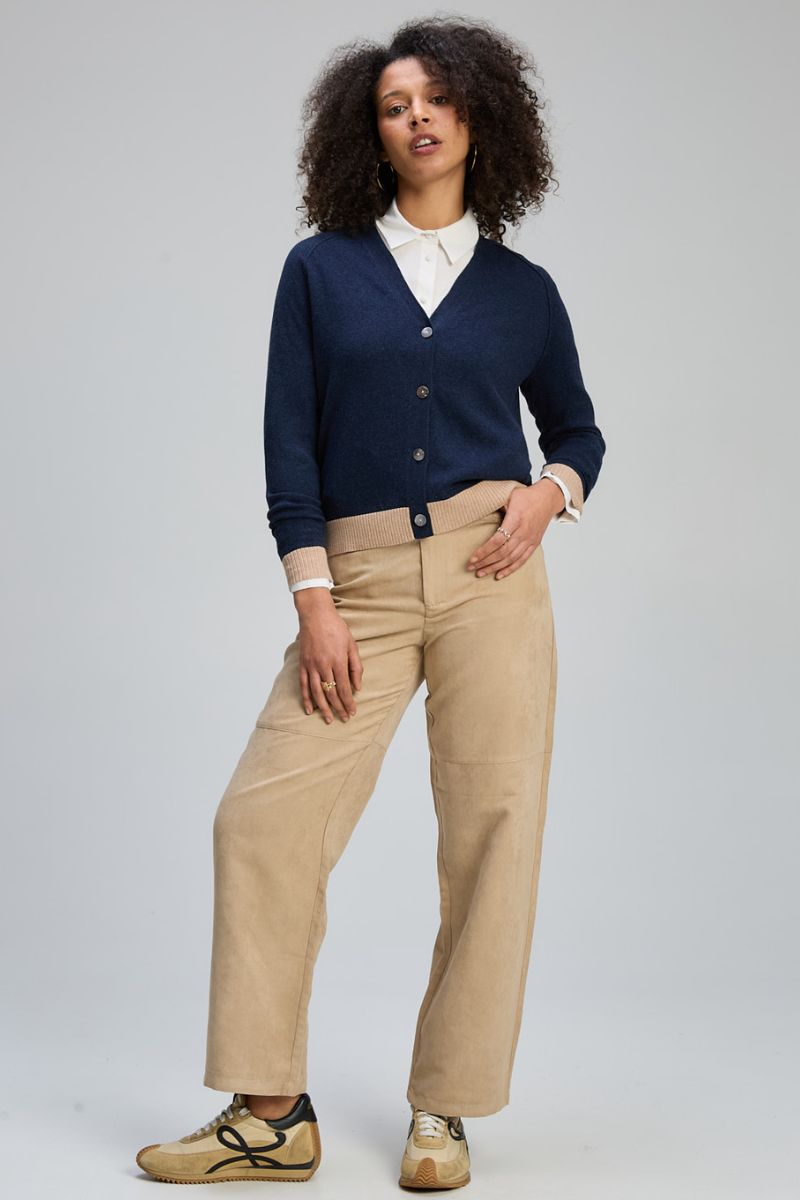 Woman wearing V Neck Essential Cardigan in Dark Denim by Zaket & Plover ZP8148 front view