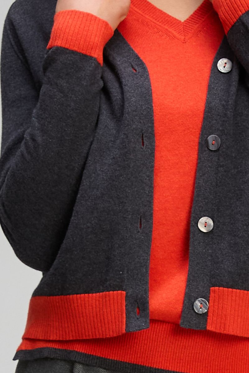 Woman wearing V Neck Essential Cardigan in Charcoal by Zaket & Plover ZP8148 close up