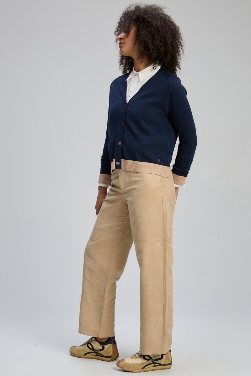 Woman wearing V Neck Essential Cardigan in Dark Denim by Zaket & Plover ZP8148 side view