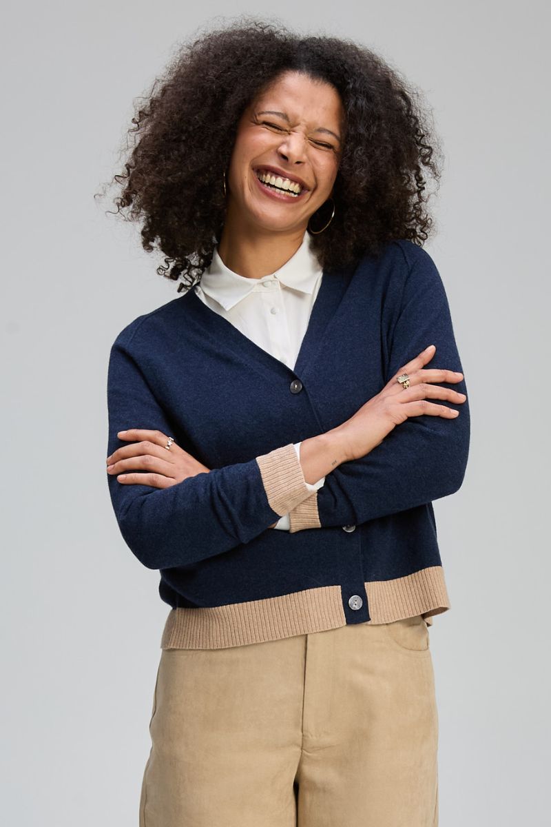 V Neck Essential Cardigan in Dark Denim by Zaket & Plover