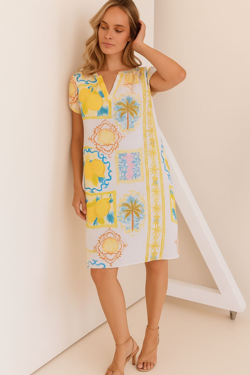 Amalfi Dreams Linen Short sleeve Dress by Kaleido for See Saw