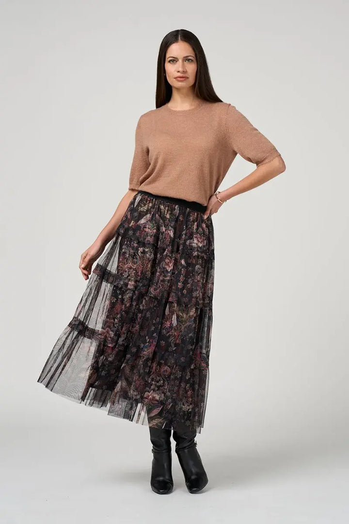 Woman wearing Loobies Story black multi tulle skirt movement detail