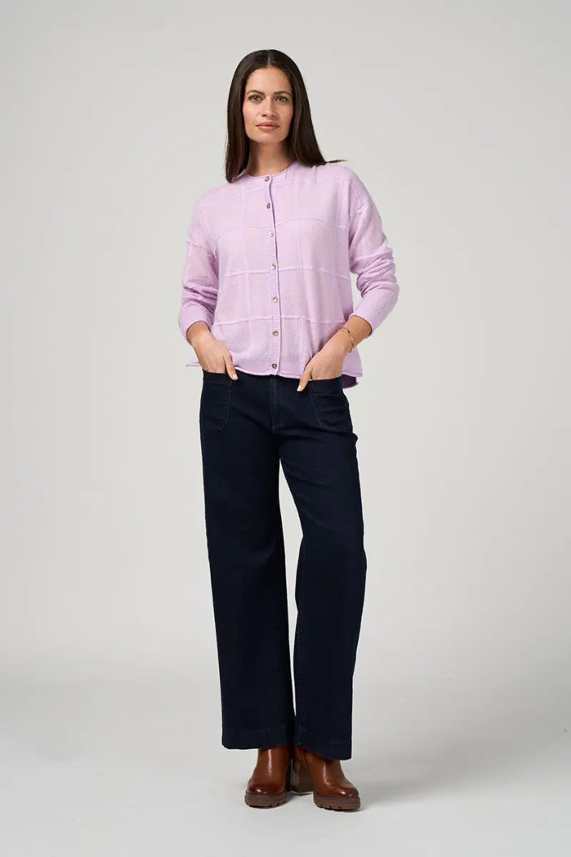 Woman wearing Loobies Story LSK2604 check knit cardigan detail