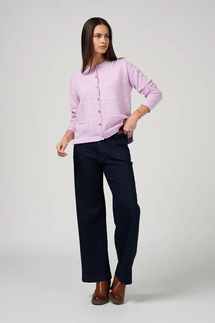 Woman wearing Loobies Story LSK2604 crew neck cardigan styled casually