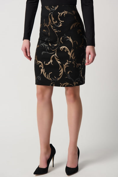 baroque-print-heavy-knit-pull-on-pencil-skirt-in-black-gold-joseph-ribkoff-front-view_1200x