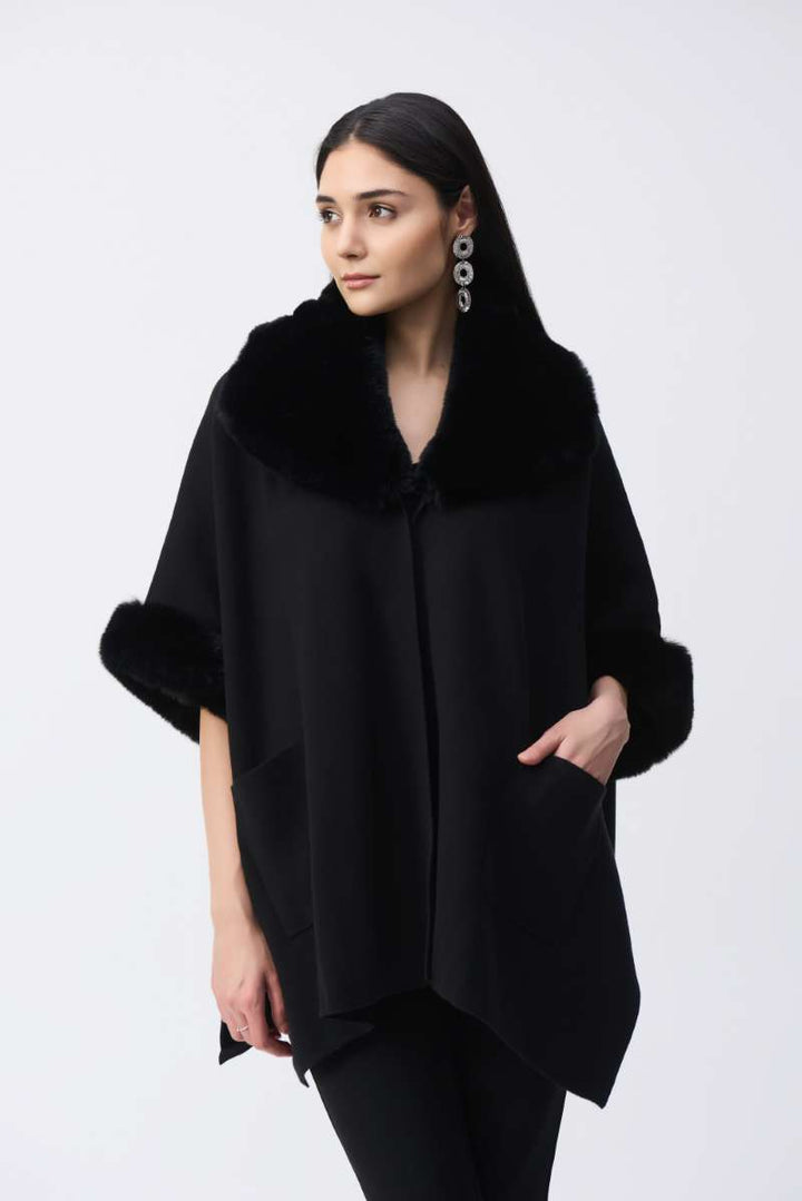 Brushed Jacquard and Faux Fur Cape in Black 243930F25 by Joseph Ribkoff