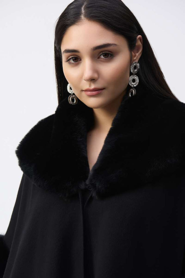 Brushed Jacquard and Faux Fur Cape in Black 243930F25 by Joseph Ribkoff