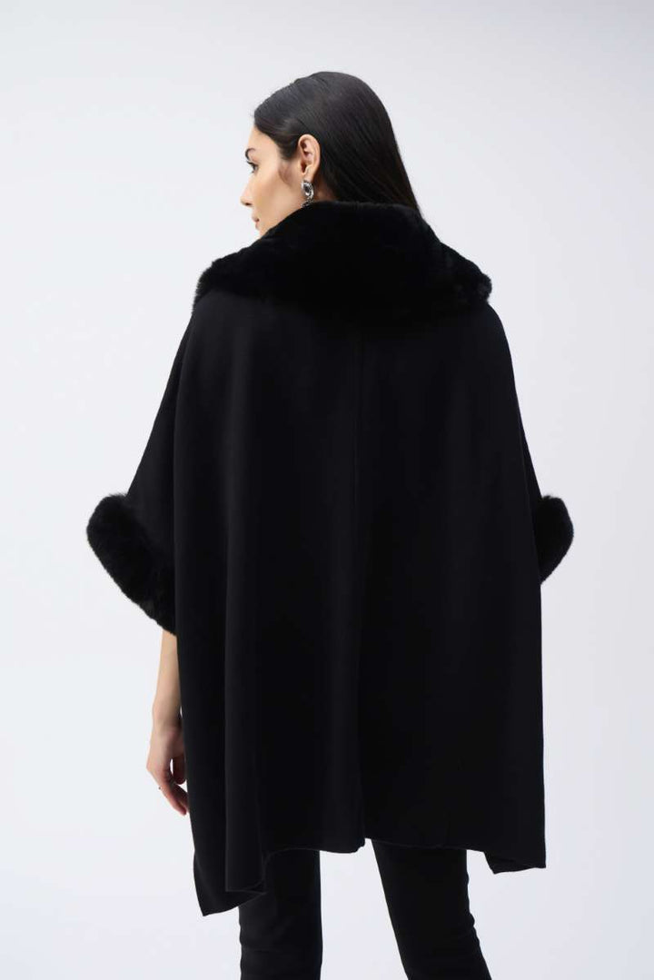 Brushed Jacquard and Faux Fur Cape in Black 243930F25 by Joseph Ribkoff