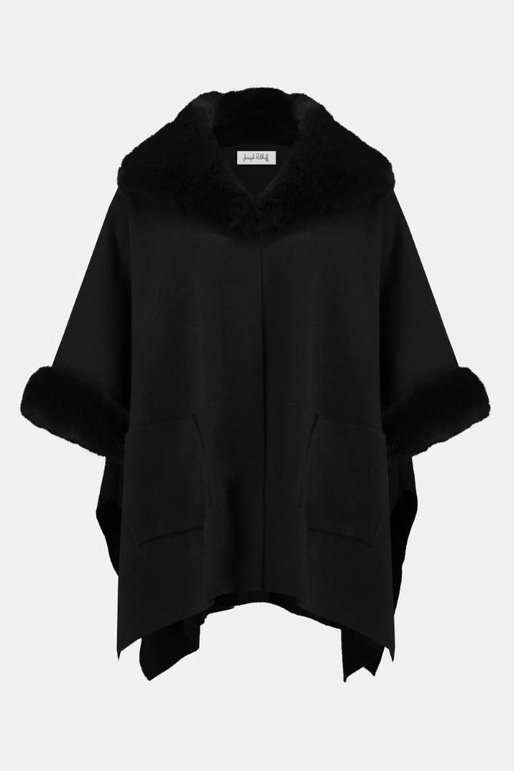 Brushed Jacquard and Faux Fur Cape in Black 243930F25 by Joseph Ribkoff