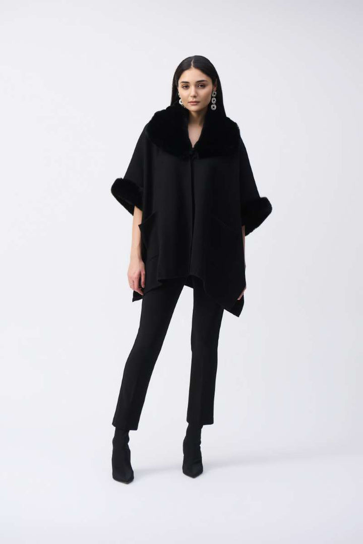 Brushed Jacquard and Faux Fur Cape in Black 243930F25 by Joseph Ribkoff
