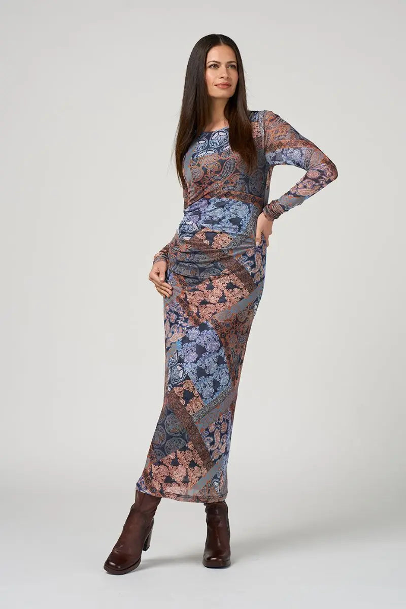 Woman wearing Byzantium Mesh Dress in Indigo Multi by Loobie’s Story LS3245 full length styling