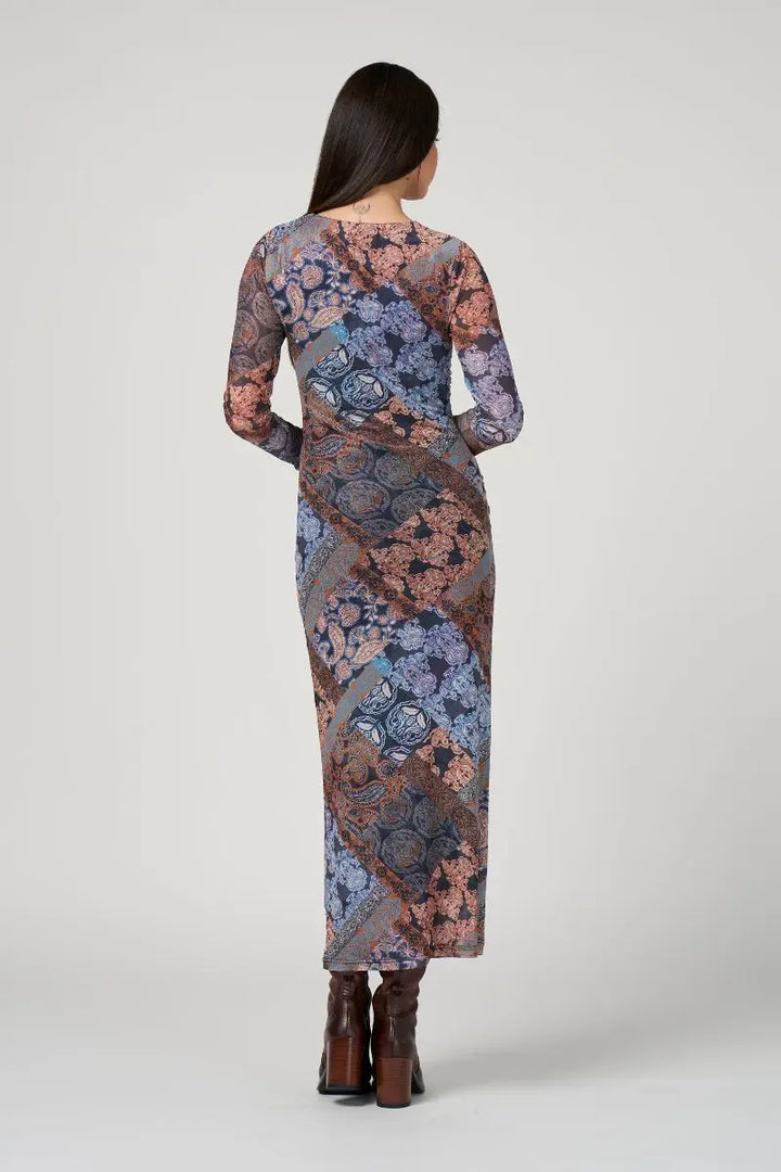 Woman wearing Byzantium Mesh Dress in Indigo Multi by Loobie’s Story LS3245 back view