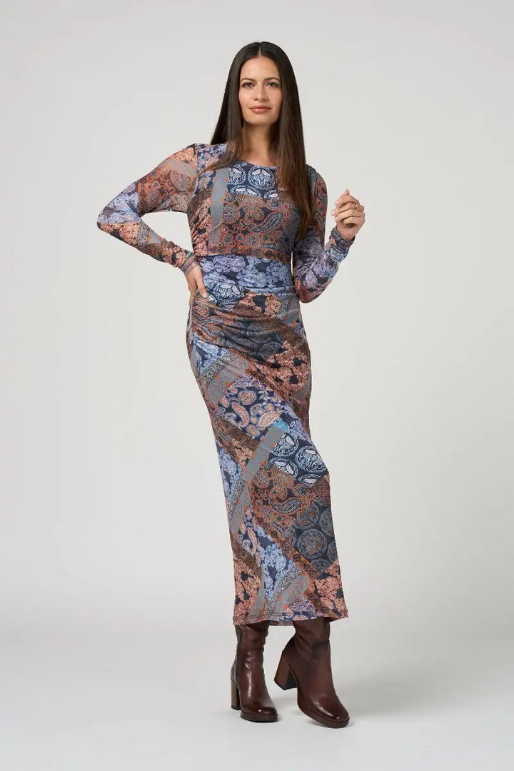Woman wearing Byzantium Mesh Dress in Indigo Multi by Loobie’s Story LS3245 front view