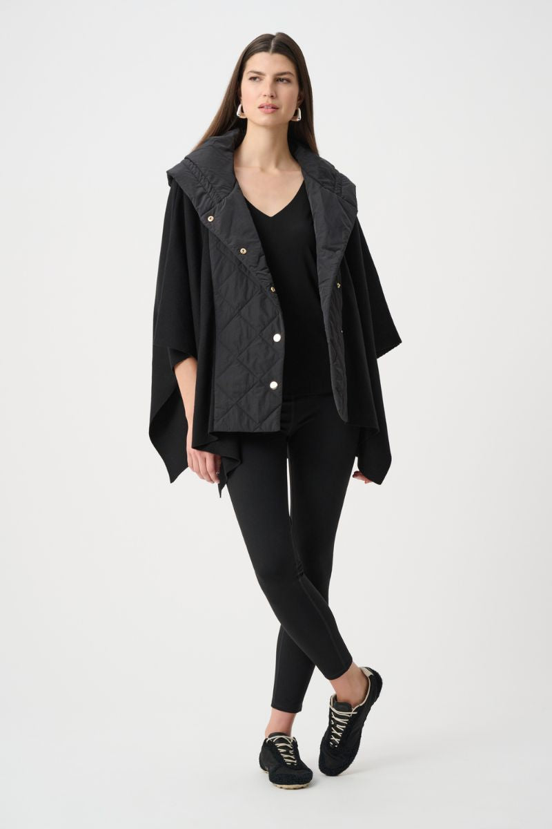 Woman wearing Joseph Ribkoff black jacket over a black top and compression leggings 261625 on a white background