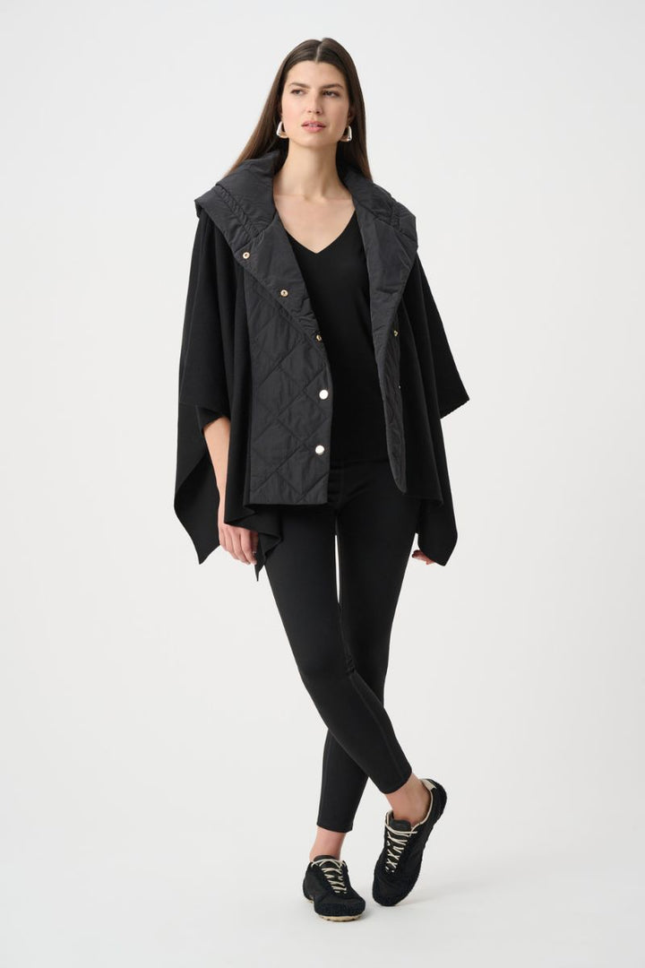 Woman wearing Joseph Ribkoff black jacket over a black top and compression leggings 261625 on a white background