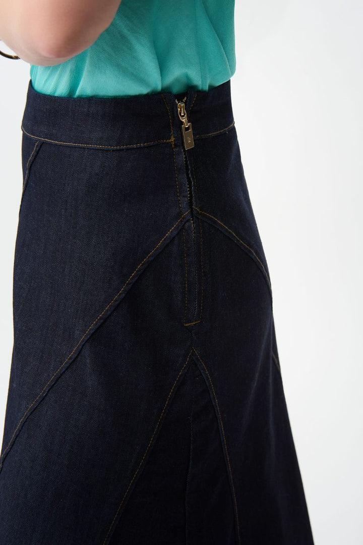 Denim Flare Skirt with Exposed Zipper in Dark Denim by Joseph Ribkoff in 8 / Dark Blue Denim