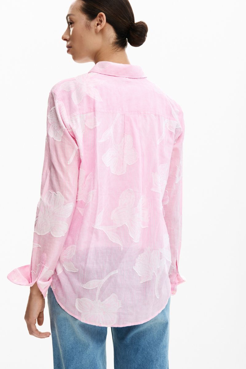 Desigual Postcard Shirt pink back view showing striped and floral design 26SWCW12