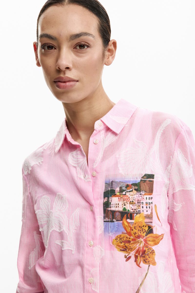 Desigual pink striped shirt chest detail with landscape postcard artwork 26SWCW12