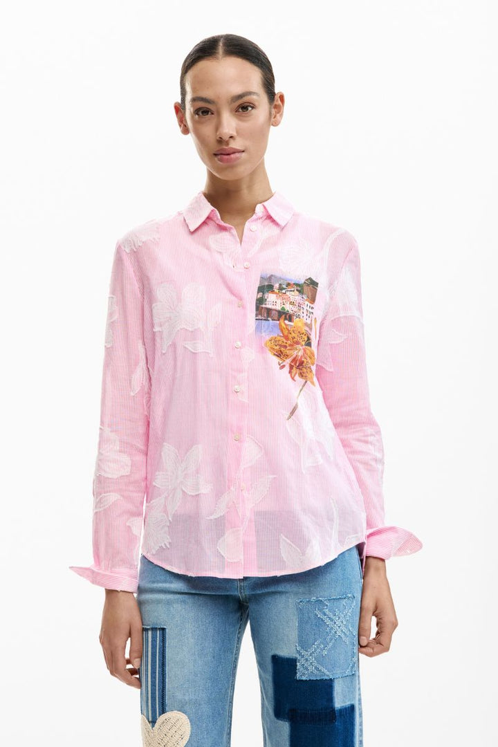 Desigual pink striped Postcard Shirt front view with floral artwork 26SWCW12