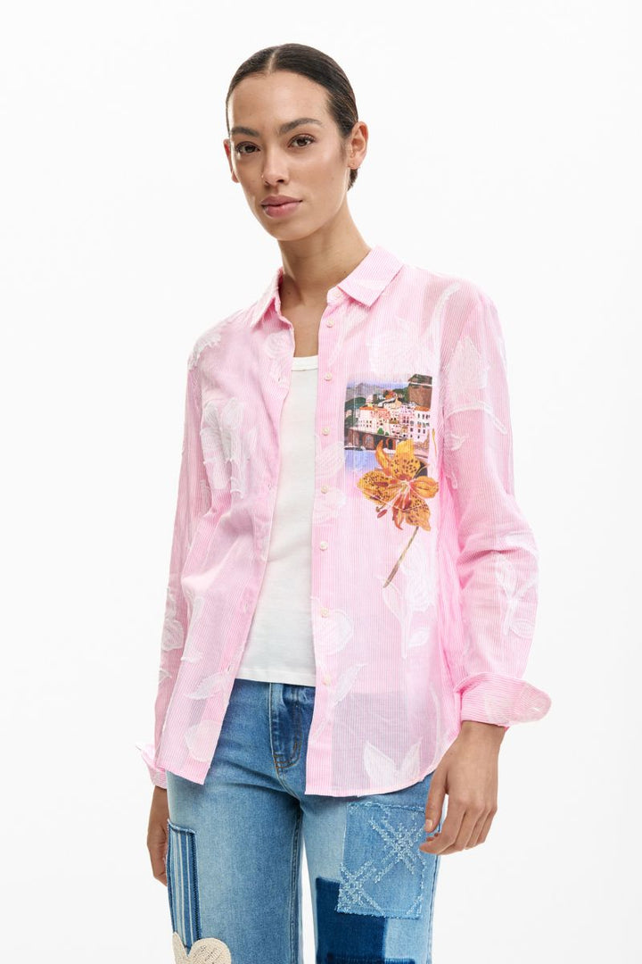 Desigual Postcard Shirt pink side view showing long sleeve and regular fit 26SWCW12