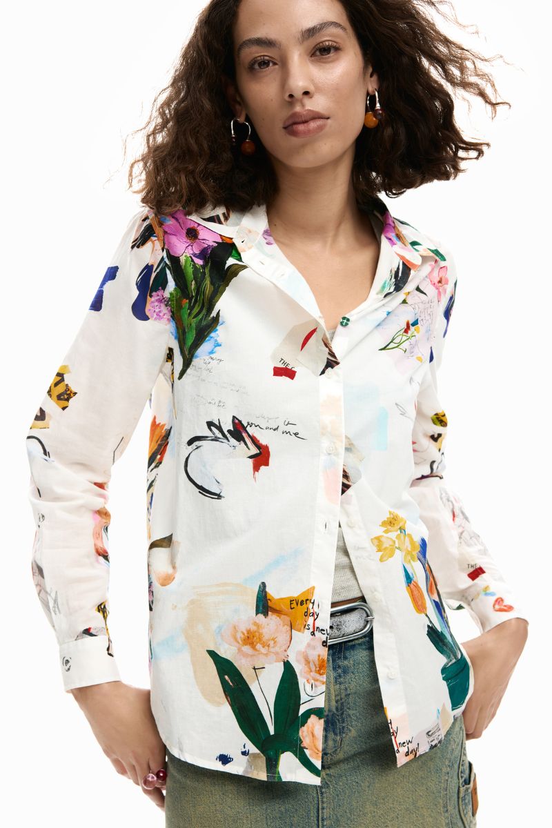 Desigual Blanco Collage Print Shirt front view with multicoloured floral artwork 26SWCW21