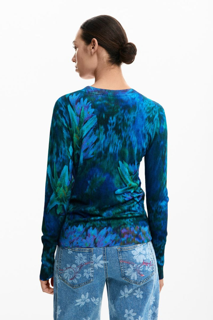 Desigual Fine Garden Flowers Sweater back view showing dark blue floral print 26SWJF364