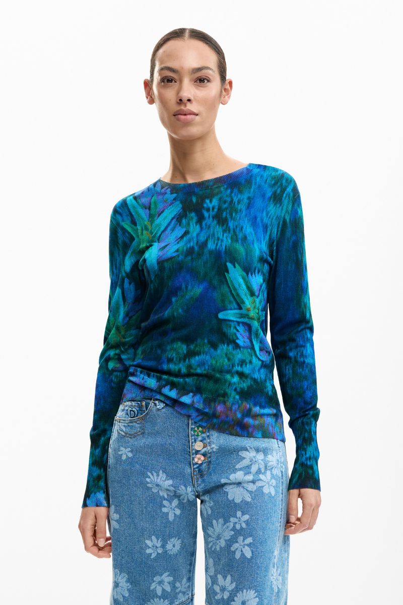 Desigual Fine Garden Flowers Sweater front view with blue floral print 26SWJF364
