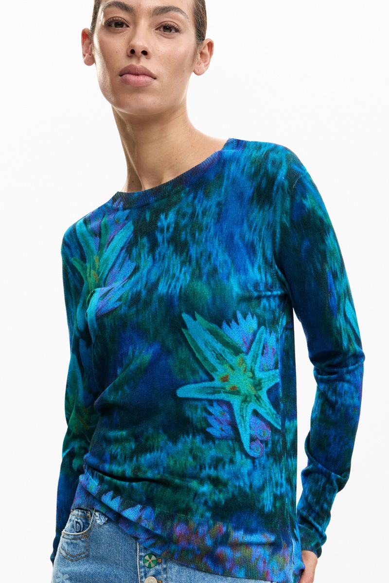 Desigual Fine Garden Flowers Sweater blue turquoise and green floral print detail 26SWJF364