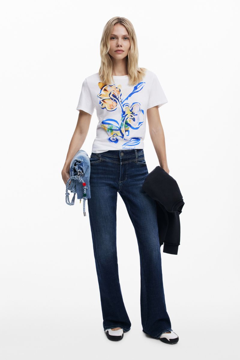 Desigual white T-Shirt blue and multicolour flower print with raised outline detail 26SWTK381