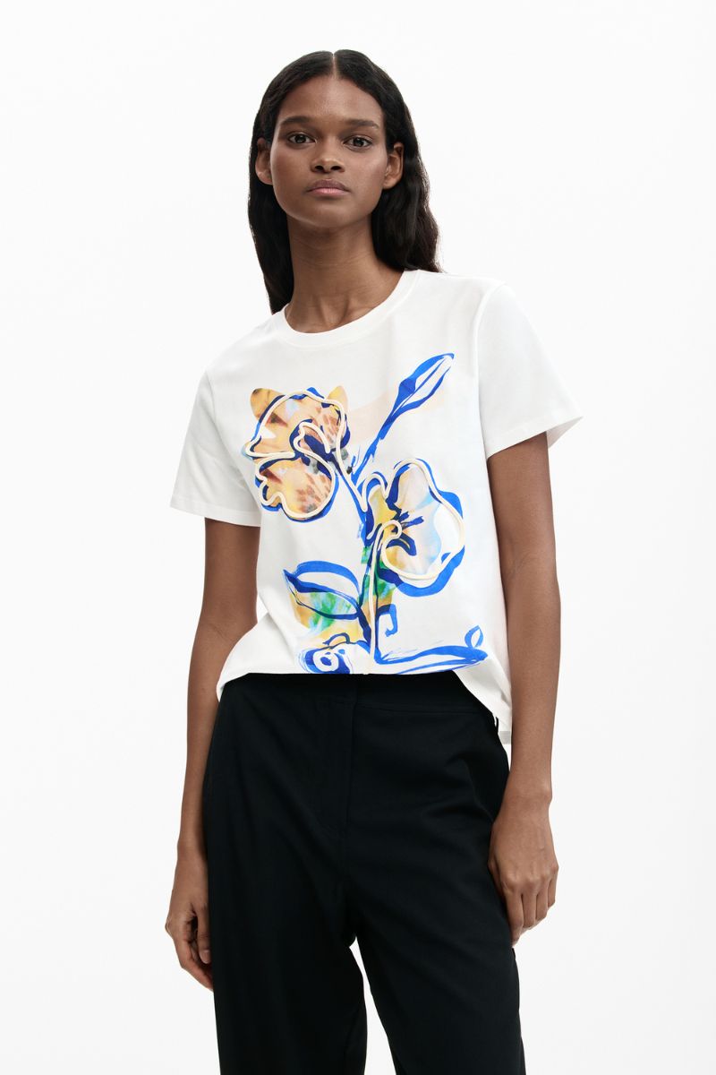 Desigual white T-shirt front view with multicolour floral print 26SWTK381