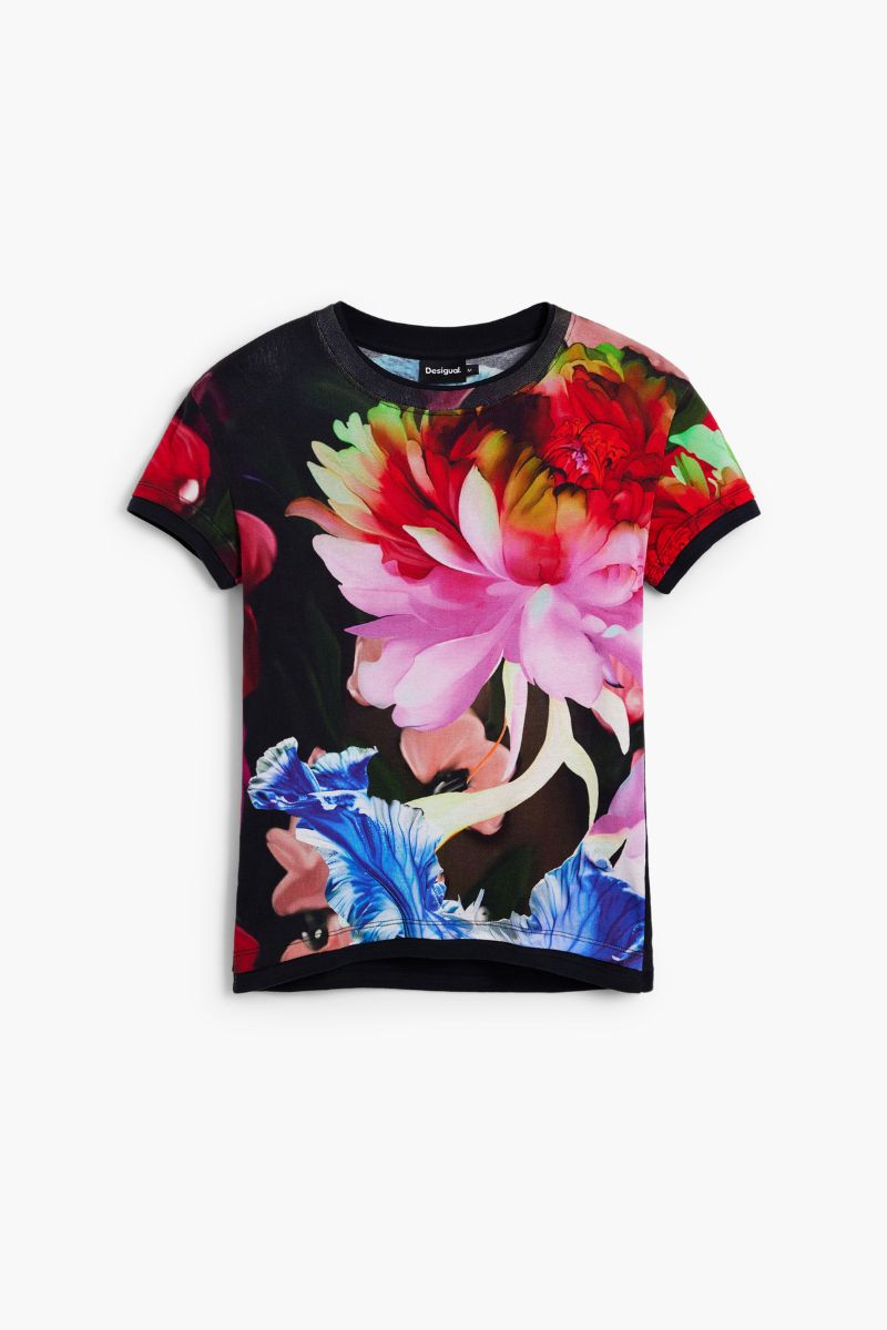 Desigual Multiflowers T-Shirt round neckline with dark contrast trim 26SWTK499