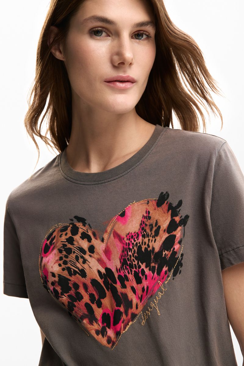 Desigual Tiger Heart T-Shirt pink tan and black animal print heart detail 26SWTK532