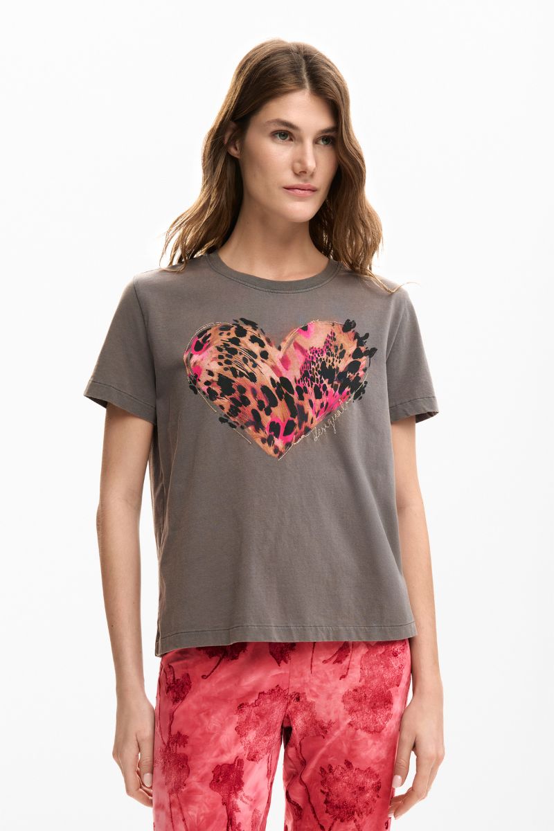 Desigual Tiger Heart T-Shirt in grey with animal print heart graphic 26SWTK532