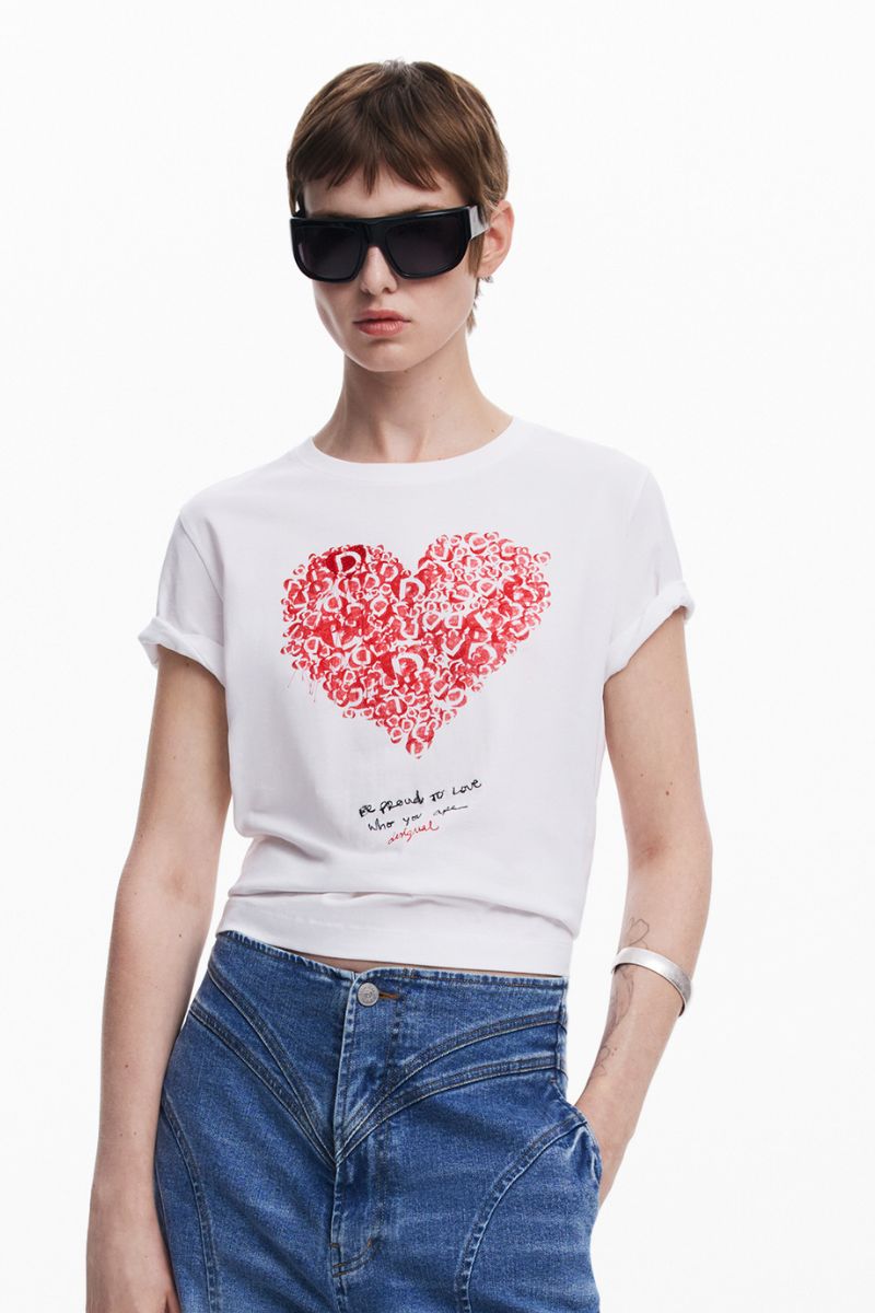Desigual white oversized T-shirt front view with red heart logo print 26SWTK601