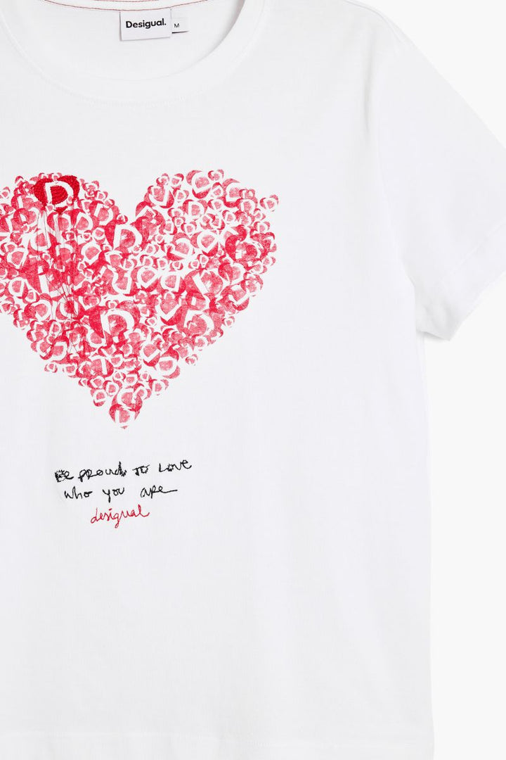 Desigual white T-Shirt red heart graphic formed from repeated logo lettering 26SWTK601