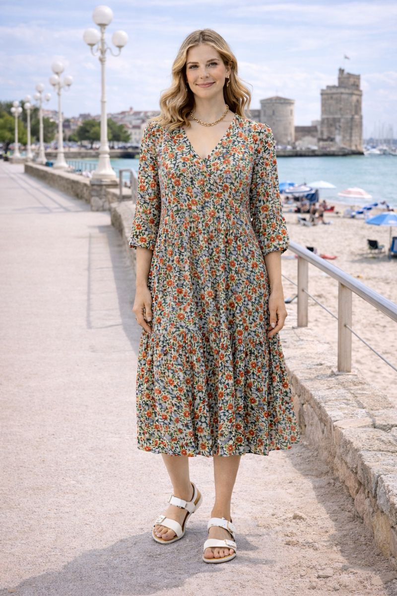 3/4 Sleeve V Neck Jok Midi Dress with Side Pockets by Dress Addict