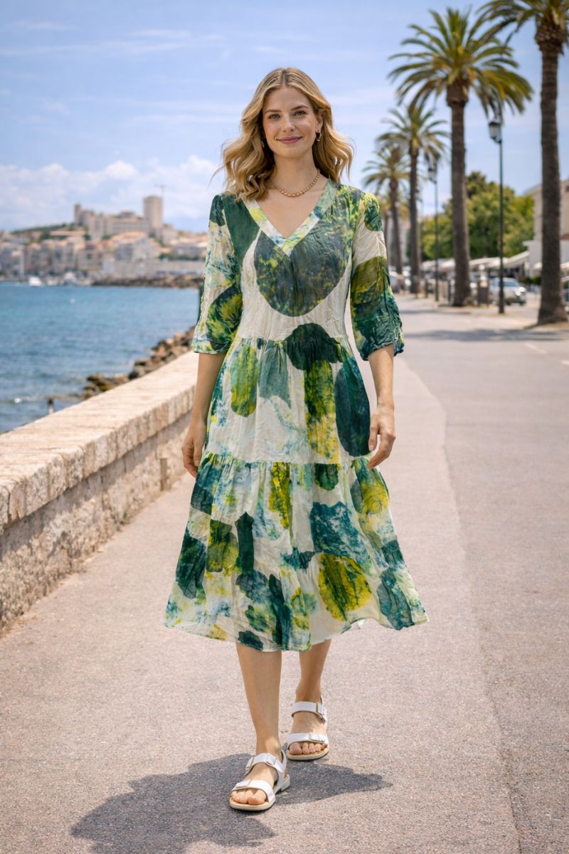 3/4 Sleeve V Neck Jok Midi Dress in Green Abstract Print by Dress Addict