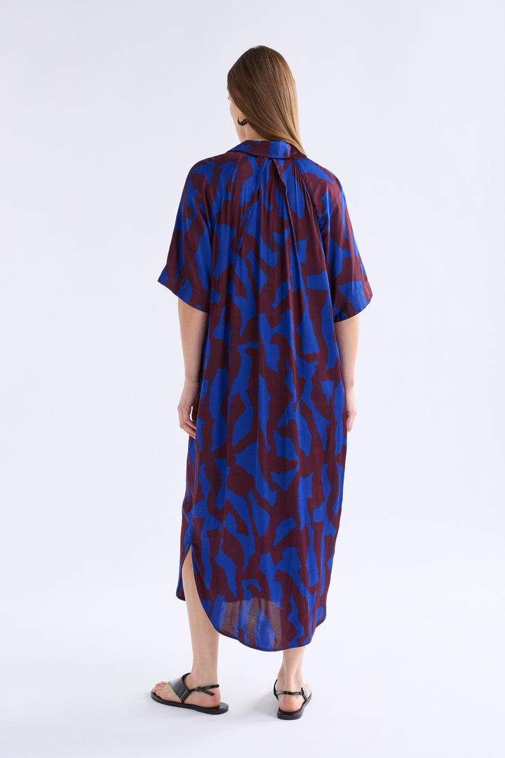 ELK Besa Shirt Dress A1604M in Varr Print Shiraz, back view showing relaxed midi silhouette and side split