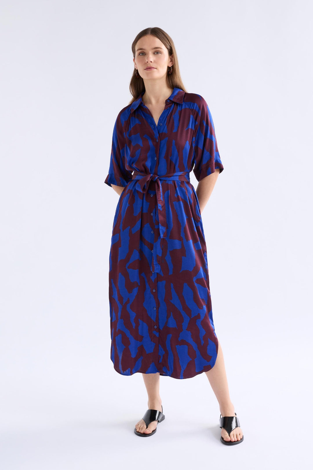 ELK Besa Shirt Dress A1604M in Varr Print Shiraz, front view with button-through design and self-tie belt