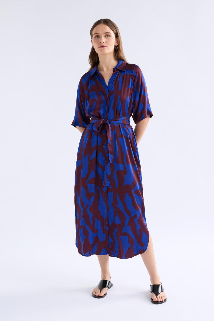 ELK Besa Shirt Dress A1604M in Varr Print Shiraz, front view with button-through design and self-tie belt