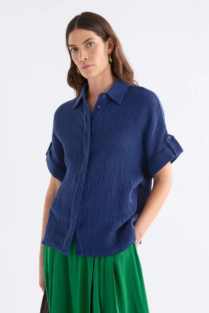 ELK Edeka Shirt A168 in Vibrant Blue, front detail showing collar, concealed placket and tab sleeves