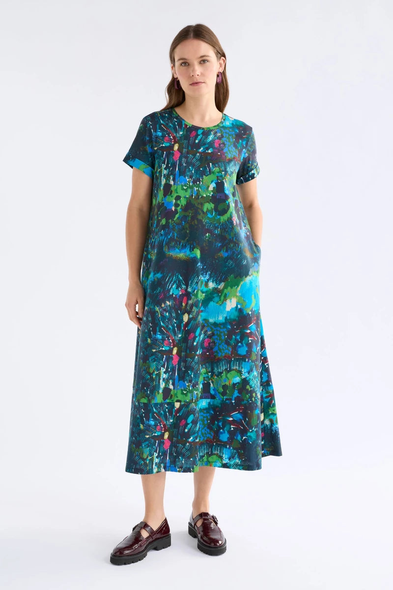 ELK Haki Dress A1735J in Landskap Night abstract botanical print, front view