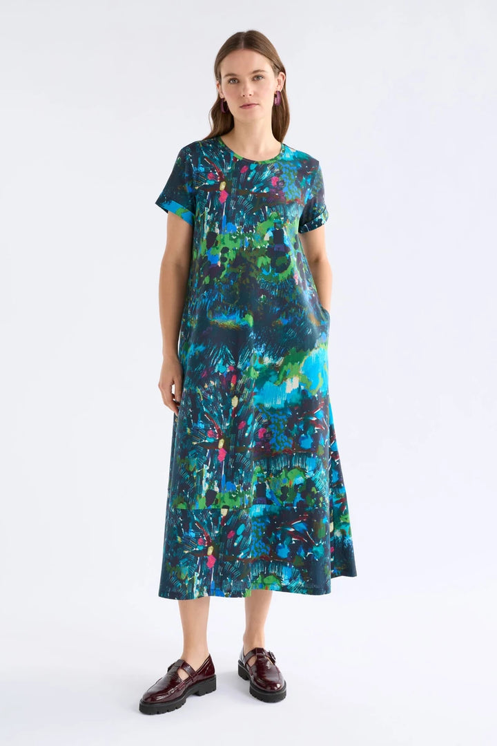 ELK Haki Dress A1735J in Landskap Night abstract botanical print, front view