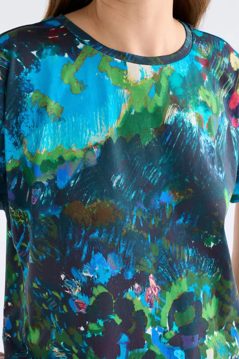 ELK Haki Dress A1735J Landskap Night print detail showing blue, turquoise and green abstract botanical design
