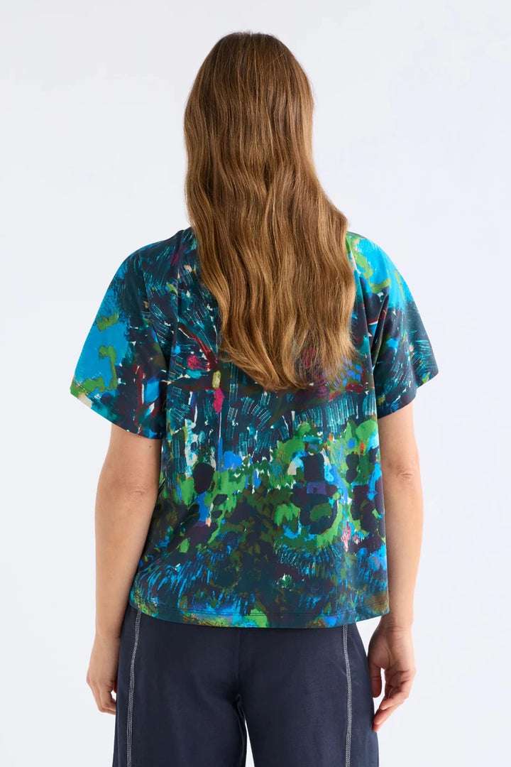 ELK Haki Short Sleeve T-Shirt A1736 in Landskap Night, back view showing painterly botanical print