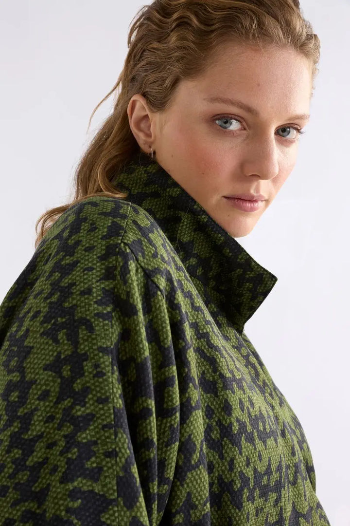 Woman wearing Mitte Coat in Portus Print by Elk the Label A1484G close up