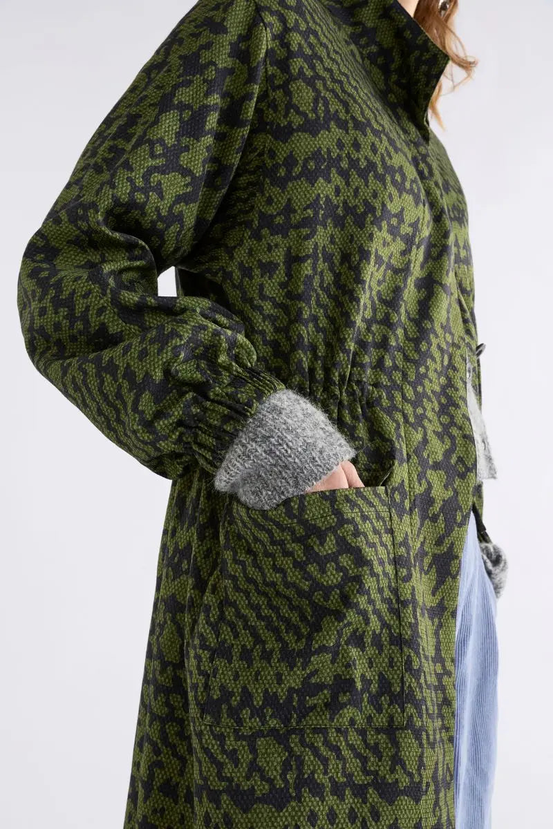 Woman wearing Mitte Coat in Portus Print by Elk the Label A1484G side view