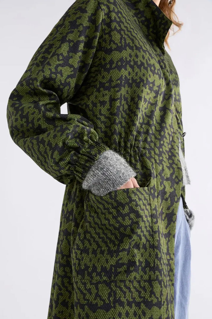 Woman wearing Mitte Coat in Portus Print by Elk the Label A1484G side view
