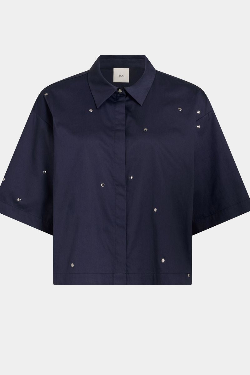 Navy blue shirt with decorative buttons on a white background