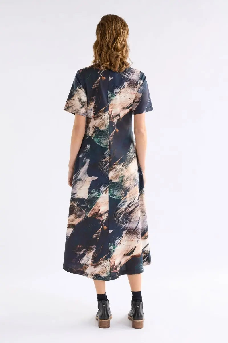 Woman wearing Dega T-Shirt Dress in Holte Print by ELK the Label back